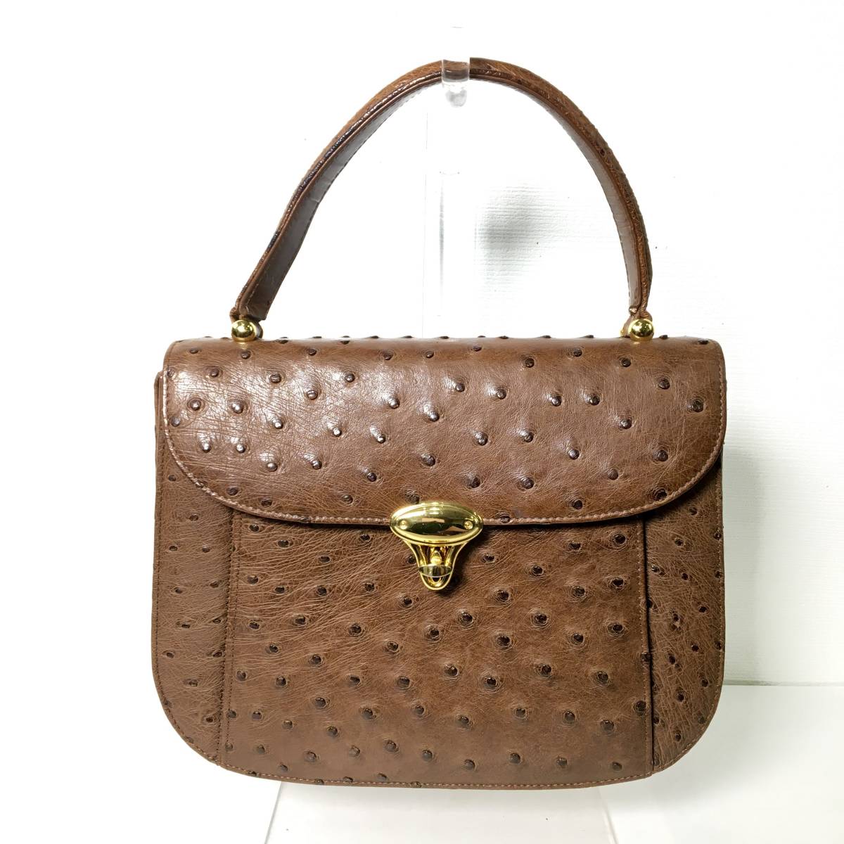 本革】 GENUINE オーストリッチ ハンドバッグ ブラウン ゴールド金具 