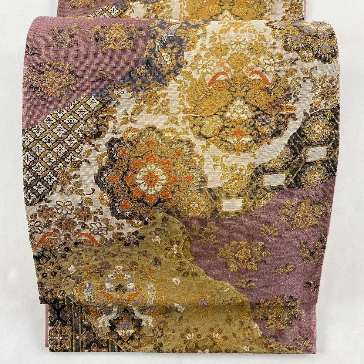 袋帯 美品 名品 向かい鳥 葡萄唐草 金糸 箔 金色 六通 正絹 【中古