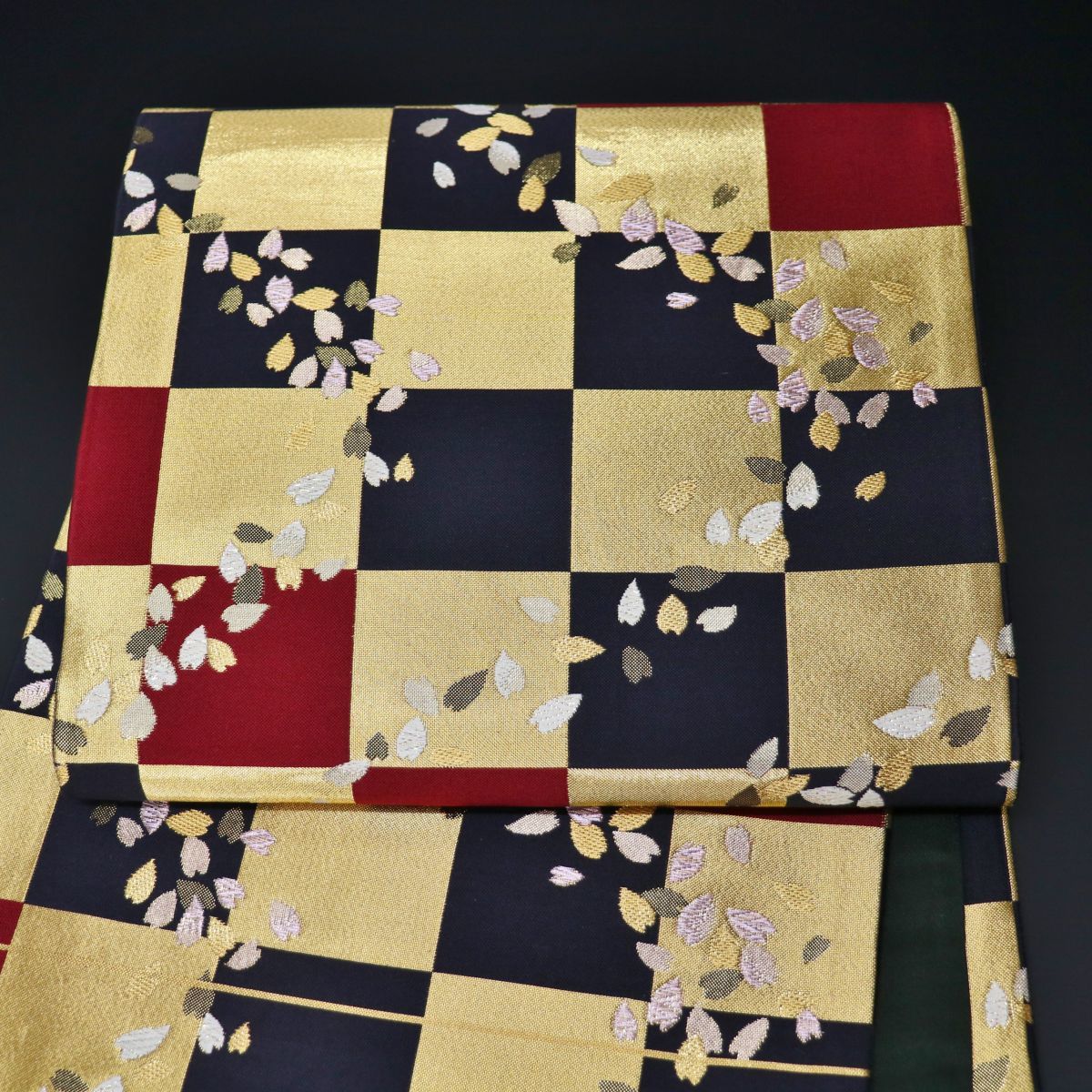 値下げ 正絹 袋帯 玉虫色 波頭 草花 六通 波に菊花模様 金色 キラキラ 六通