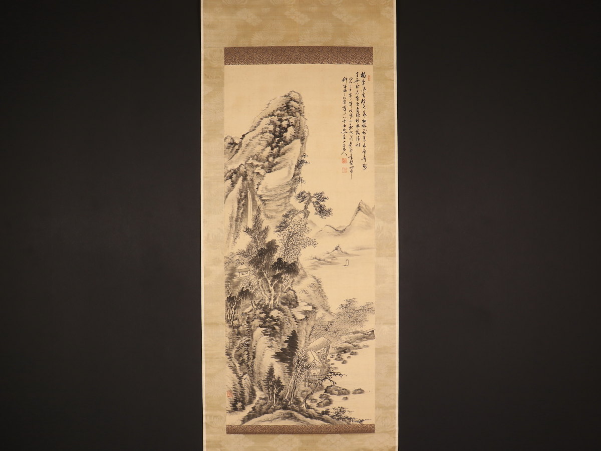 模写】【1円開始】【伝来】ky2994〈田能村直入〉山水画賛 二重箱 大分