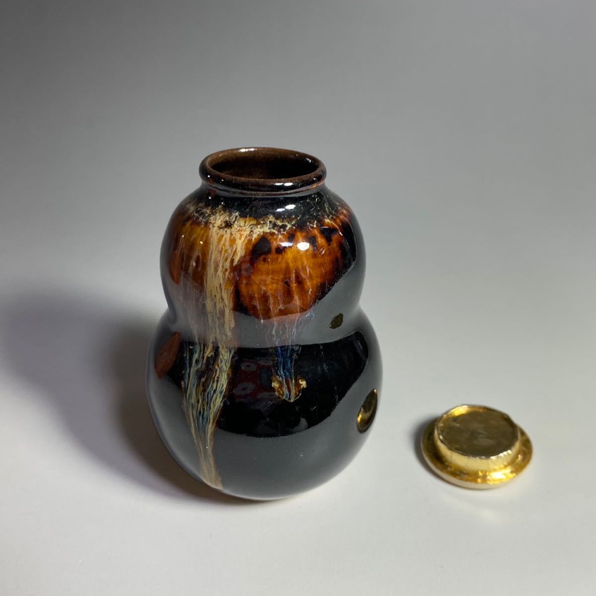 茶道具 桶谷定一作 茶入 仕覆付 共箱洛谷定一作 瓢形茶入 瀬戸焼