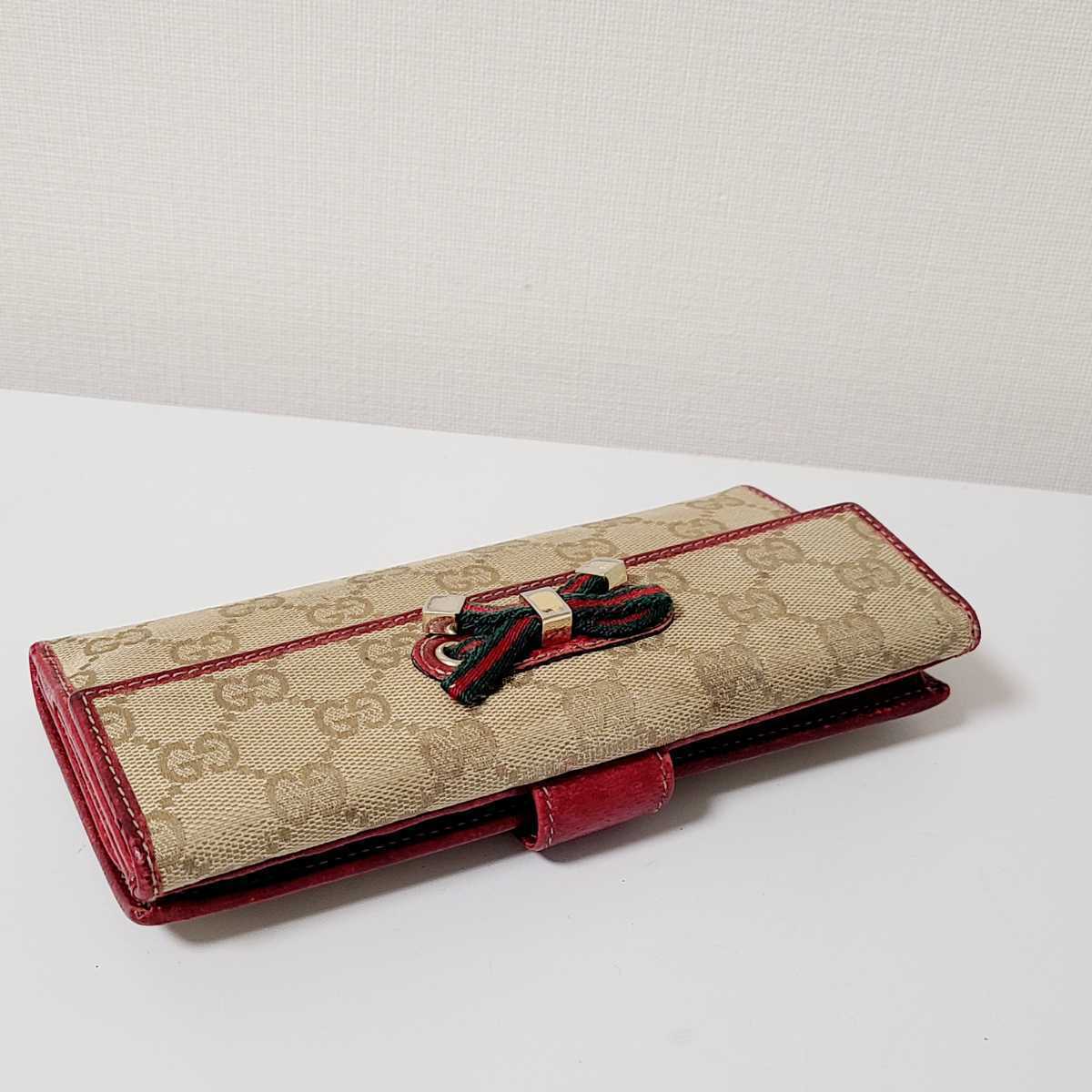 GUCCI グッチ GG キャンバス レザー 本革 シェリー リボン 二つ折り 長