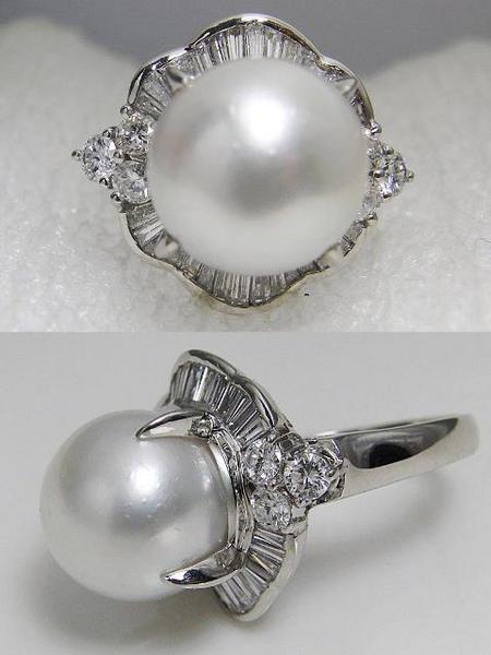 Pt900 プラチナ ダイヤ 南洋真珠 白蝶真珠 リング 12.6mm珠 D1.28ct 12号