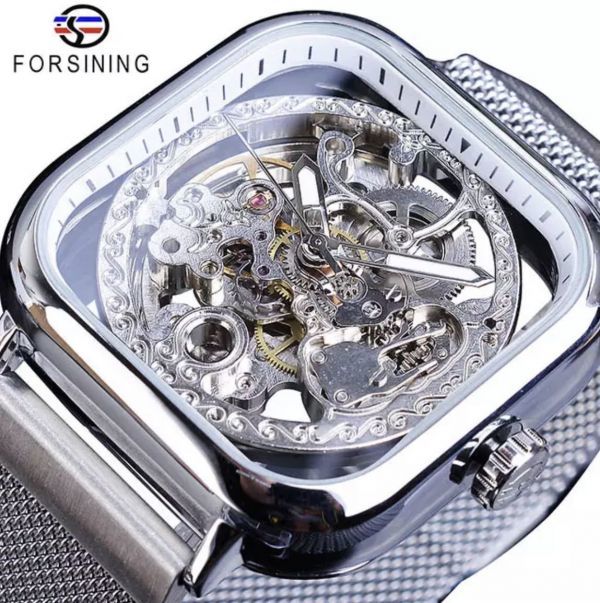 Forsining メンズ高級腕時計 41mm 機械式 自動巻き シルバー ゴールド スケルトン スクエア ウォッチ 夜光 防水 3針 時 分 秒 売買されたオークション情報 Yahooの商品情報をアーカイブ公開 オークファン Aucfan Com