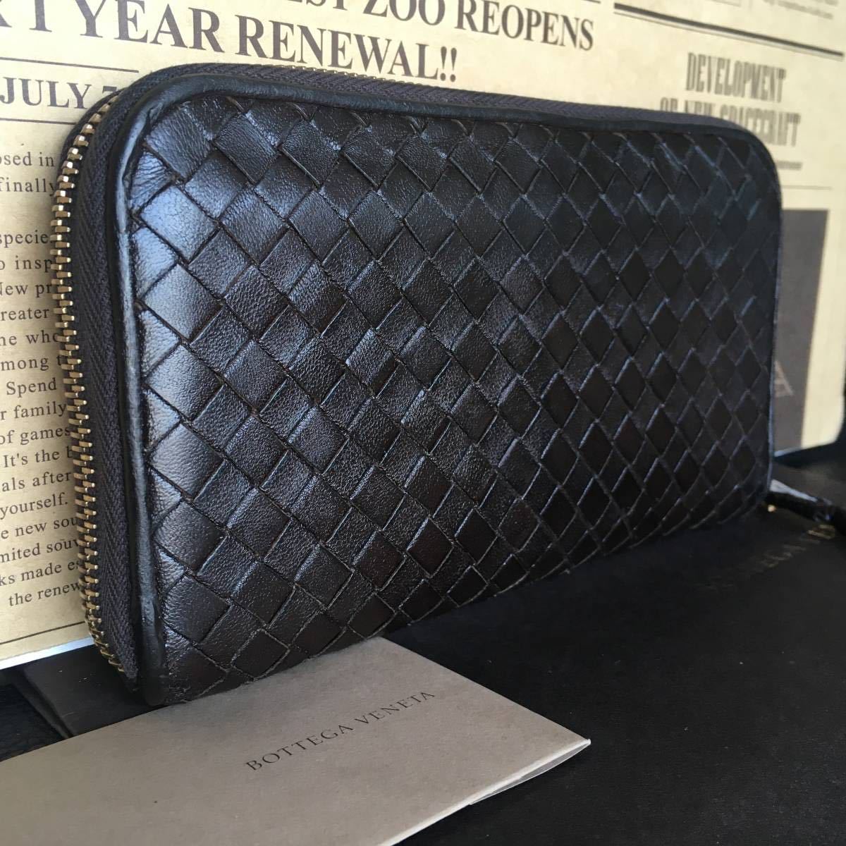 美品】ボッテガヴェネタイントレチャート レザー ラウンドファスナー長  