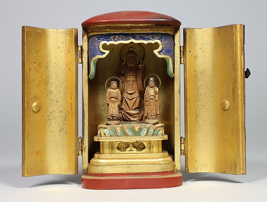 都涼音】仏教美術 木造 金彩細工 毘沙門天 三尊 仏像 厨子入り 希少 