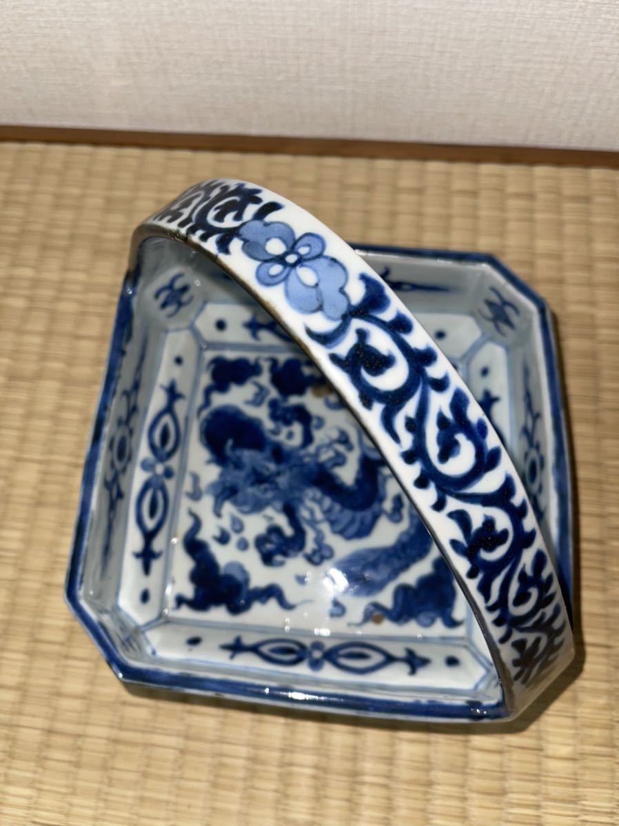 青花 古染付 中国染付け龍紋皿骨董 ⁄ 瓔珞模様 龍 古伊万里