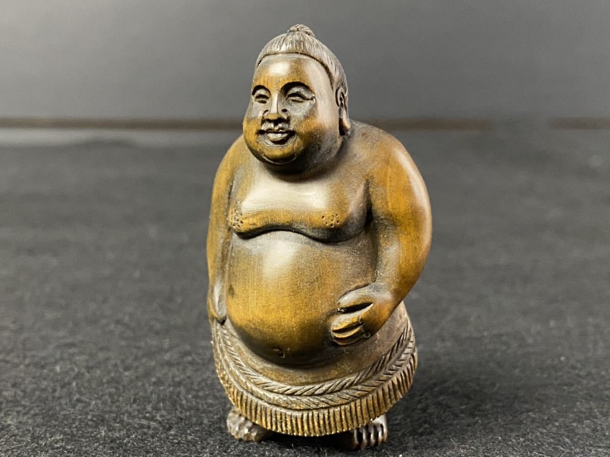 [JK686] 木製 根付 相撲 力士 細密彫刻 提げ物 煙草入れ 木彫 拓植 相撲取り