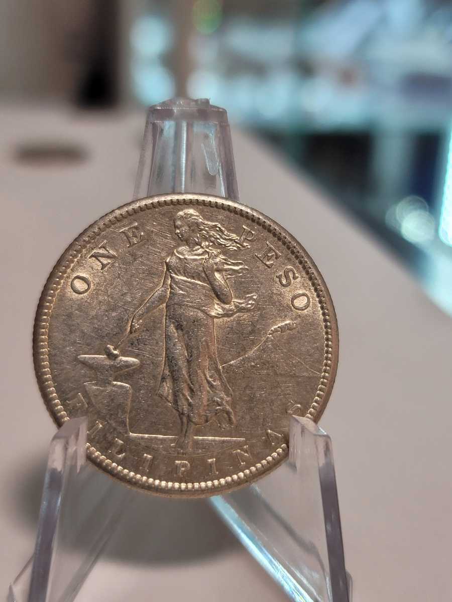 フィリピン1ペソ 銀貨 1908-S PCGS Genuine Cleaned-AU Detail