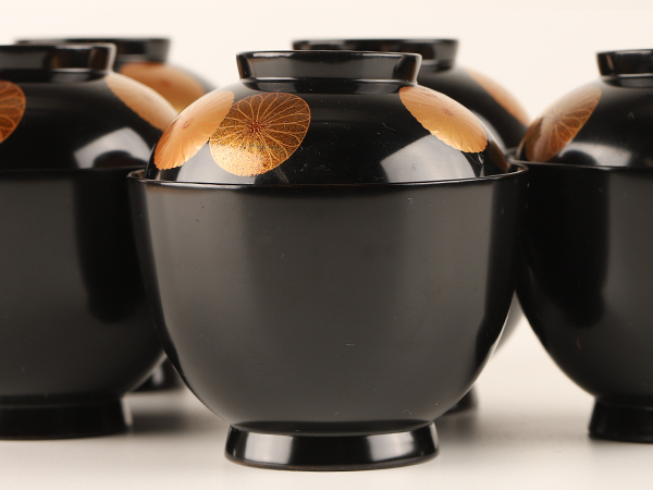 流】能登輪島塗 菊蒔絵小吸物椀五客 共箱 TD699 吸物椀 5