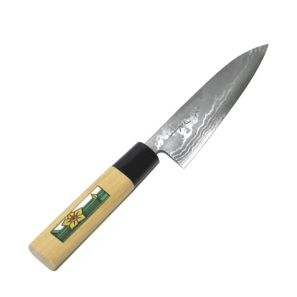 【新品】越前数馬作　青二鋼ダマスカス　銀龍　ペティナイフ　135mm　水仙 陶板柄　　越前打刃物　日本製