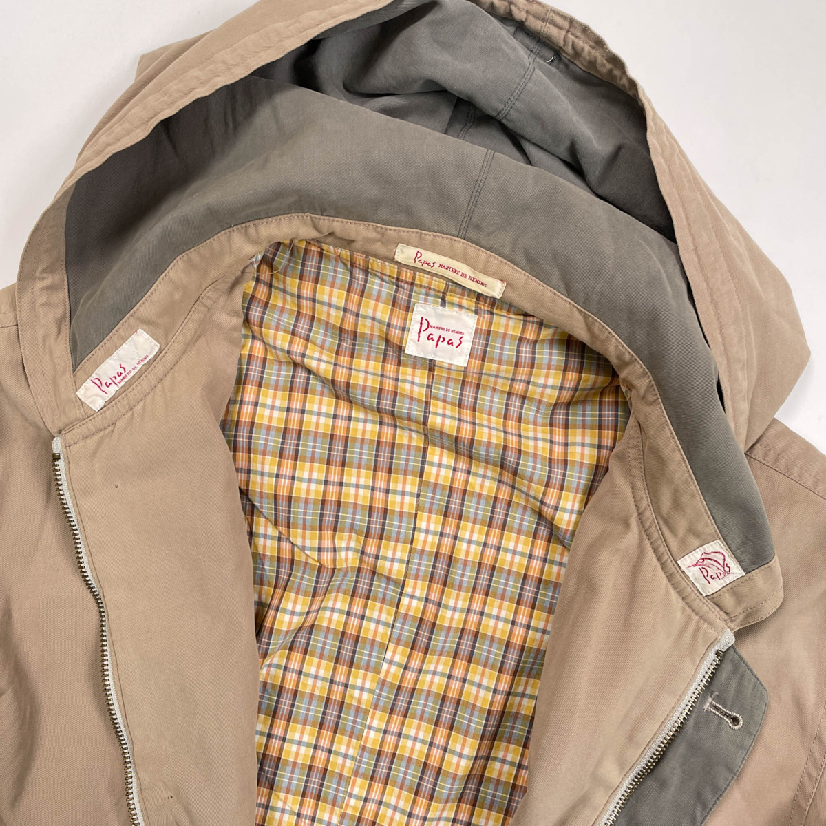 裏チェック◇PAPAS パパス ワッペン付 フード コート ジャケット M