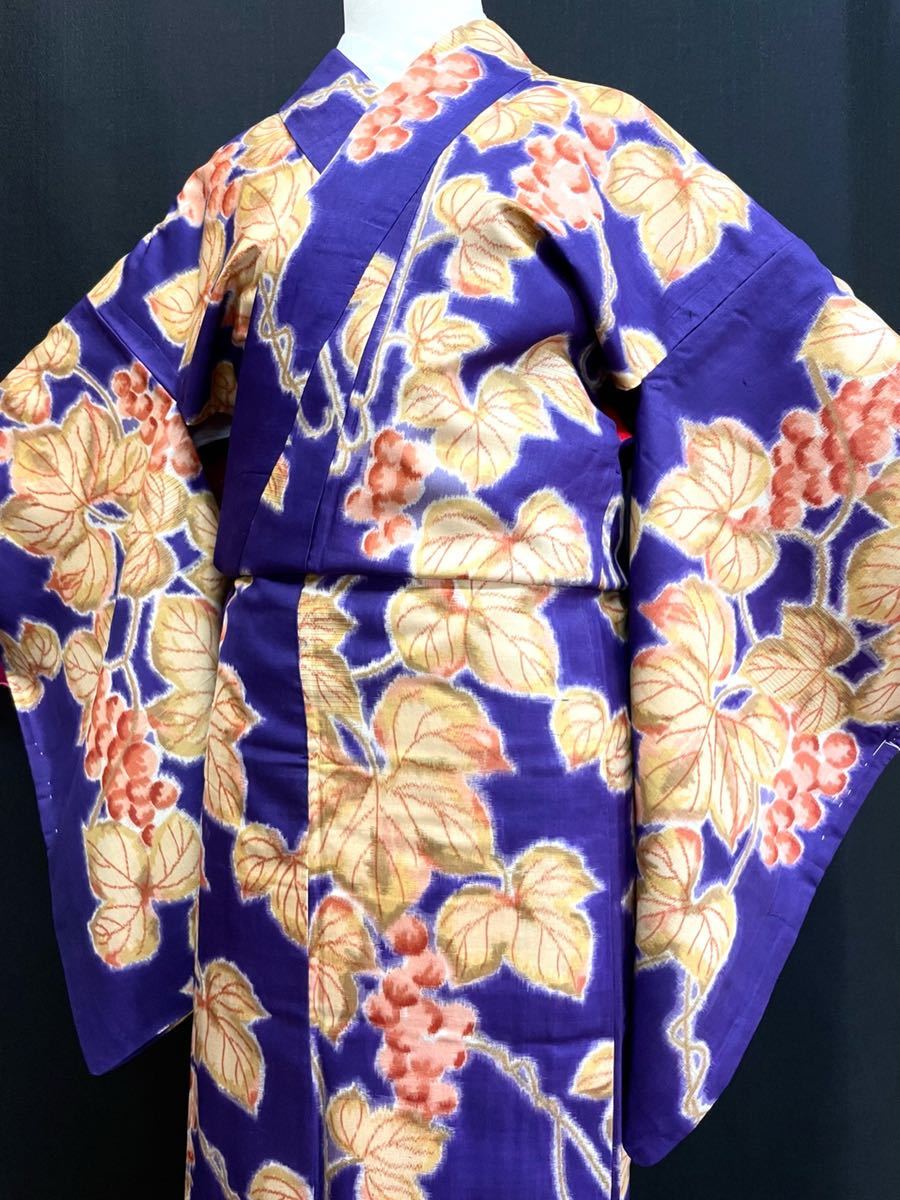 アンティーク着物◇葡萄 銘仙 大正ロマン レア フルーツ 袷 きもの