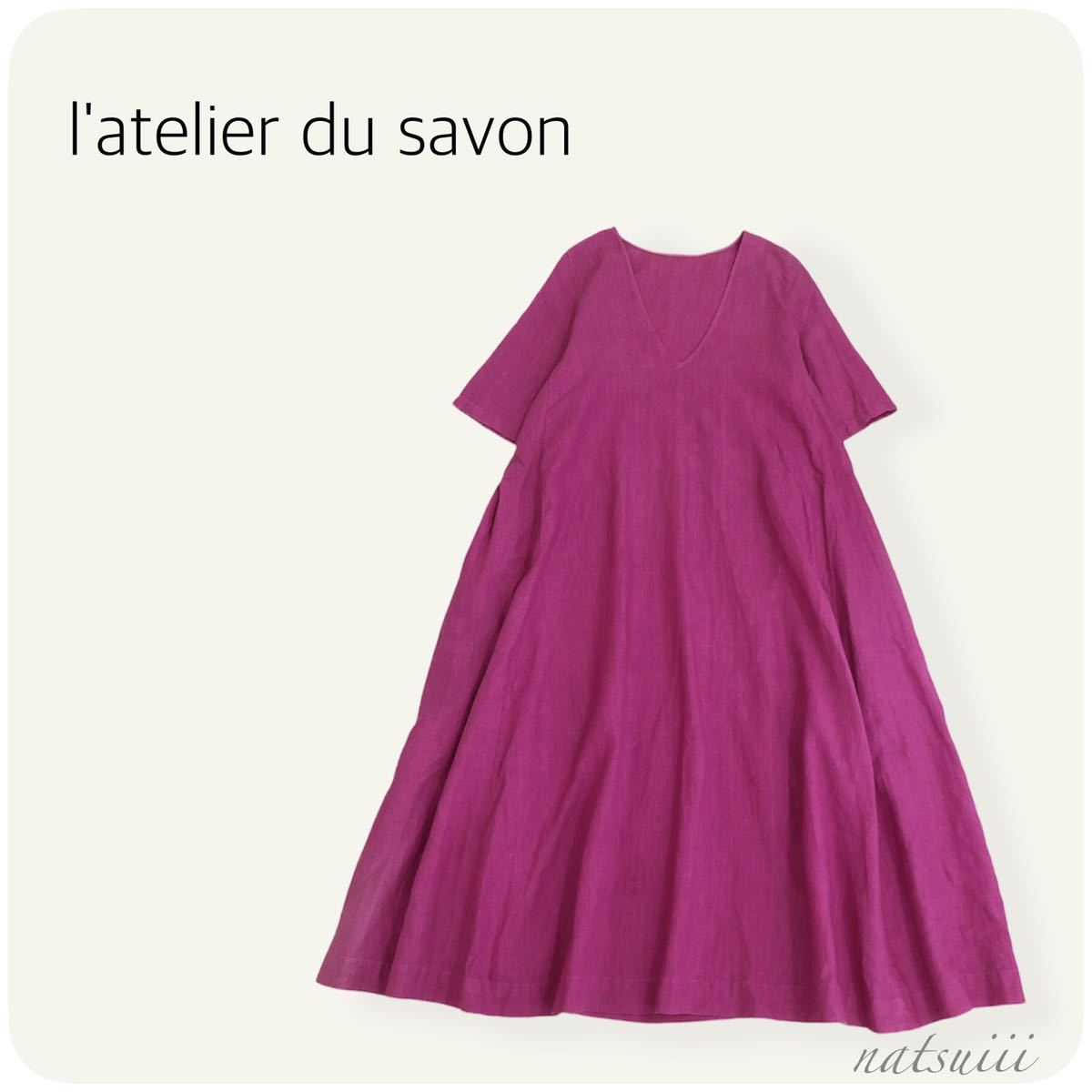 l'atelier du savon アトリエドゥサボン . Ｖネック リネン マキシ タック フレア ワンピース ピンク 送料無料