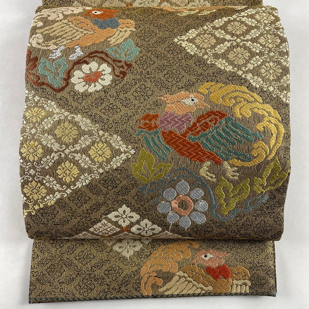 得価，人気SALE 袋帯 秀品 鳥 花菱 金糸 茶緑色 六通 正絹(仕立て上がり)｜売買されたオークション情報、yahooの商品情報をアーカイブ公開 - オークファン 仕立て上がり