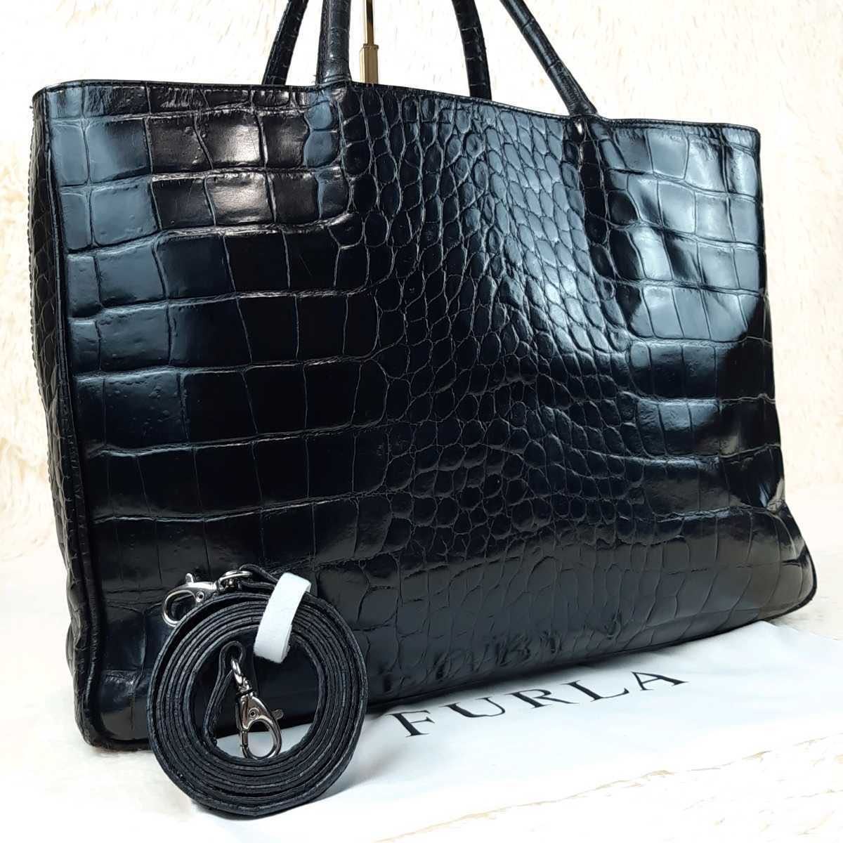 1円〜【美品】FURLA フルラ　ショルダーバッグ　トートバッグ　2way クロコ型押し　レザー　A４収納　黒　ブラック　コーチ　ヴィトン