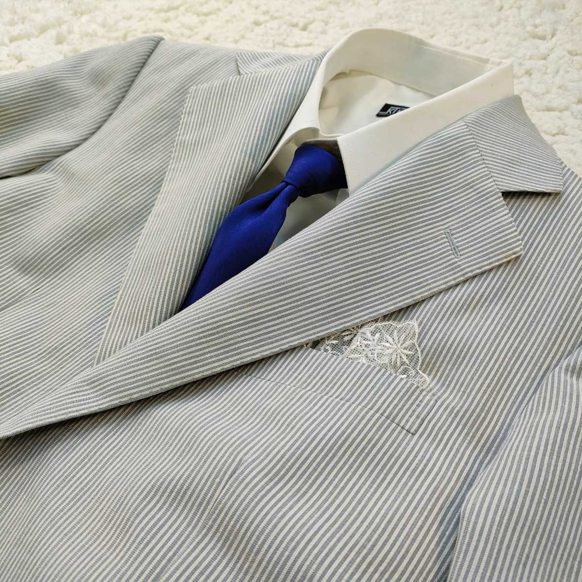 ⑤夏 BURBERRY ジャケット 麻絹綿 グレー系 ストライプ柄 背抜き仕様 