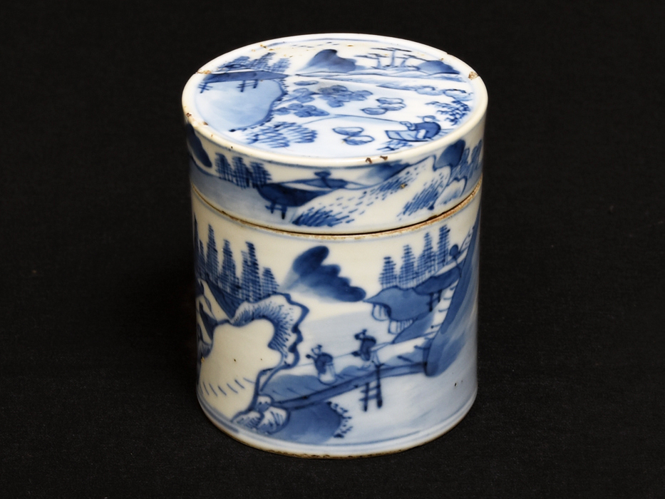 旧家放出品 康熙染付楼閣山水図蓋物 合子 桐箱 古陶磁器 茶道具