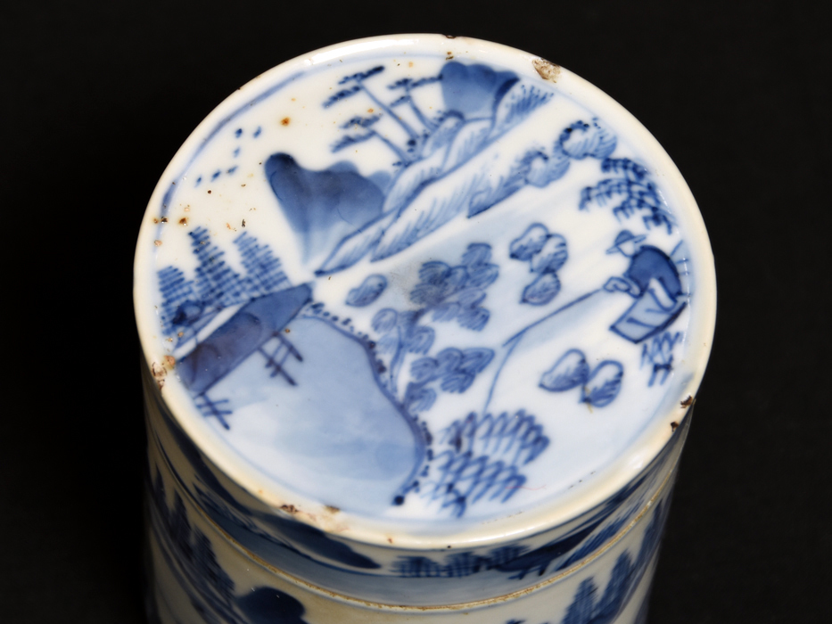 旧家放出品 康熙染付楼閣山水図蓋物 合子 桐箱 古陶磁器 茶道具