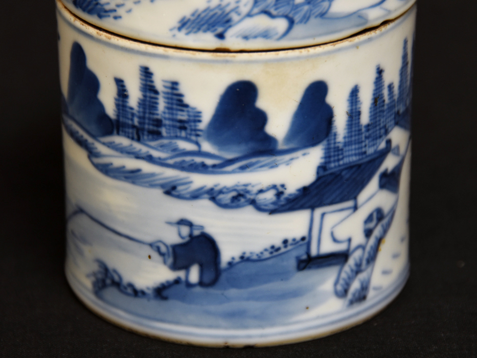 旧家放出品 康熙染付楼閣山水図蓋物 合子 桐箱 古陶磁器 茶道具