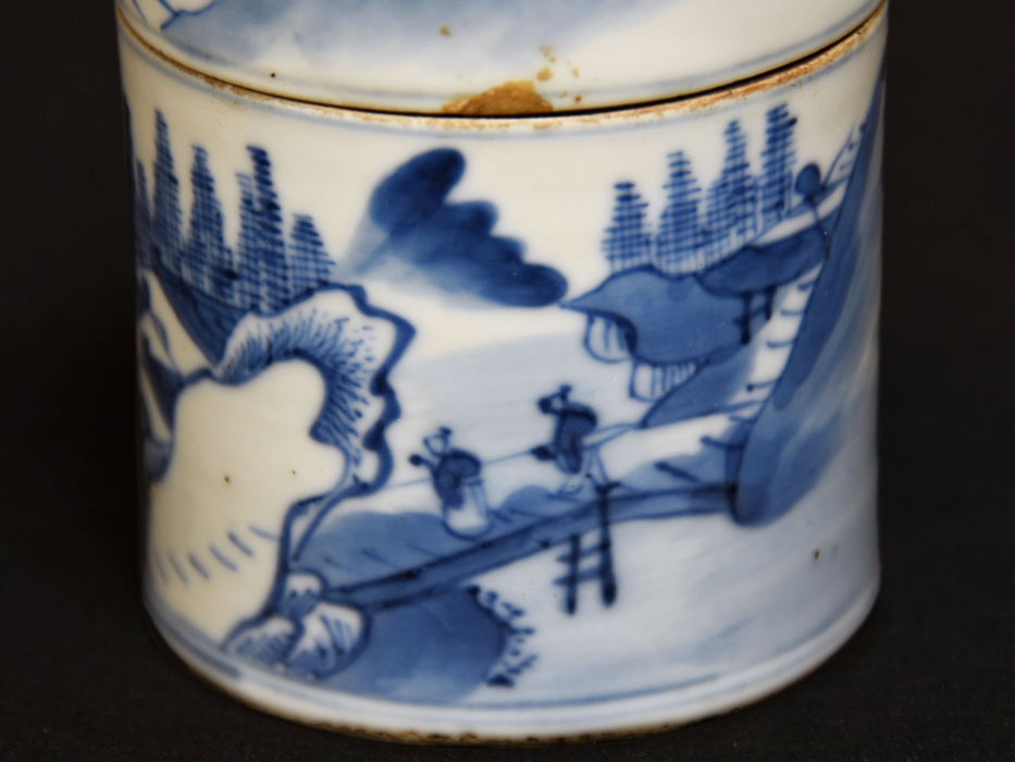 旧家放出品 康熙染付楼閣山水図蓋物 合子 桐箱 古陶磁器 茶道具