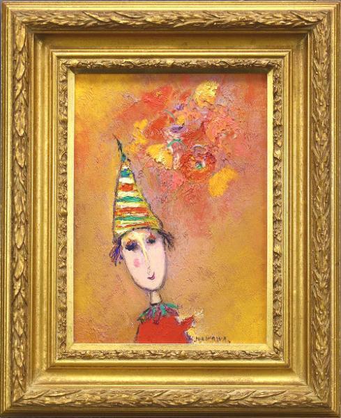 真作】【WISH】塙賢三「花と道化」油彩 4号 共シール ◇一枚の絵取扱