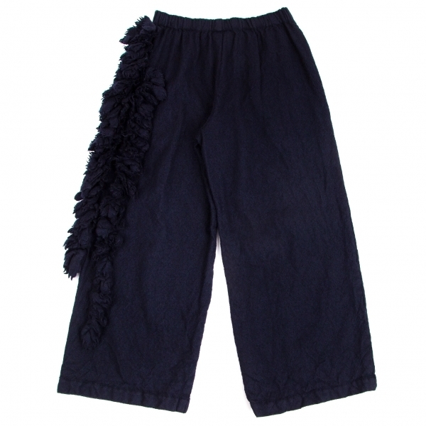 ローブドシャンブル コムデギャルソン ウール縮絨サイド裁ち切りフリルワイドパンツ 紺M位 【レディース】