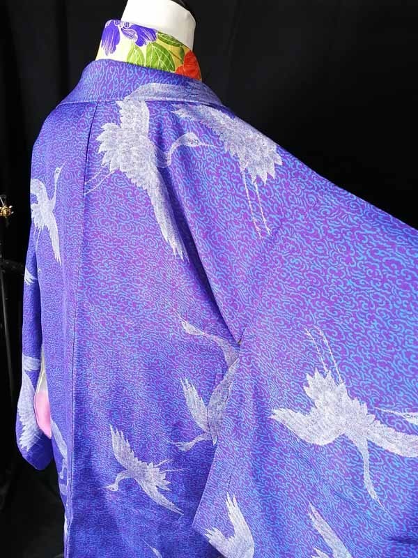 ☆きものさらさ アンティーク着物帯☆羽織 長羽織 大正ロマン 紫系 鶴 