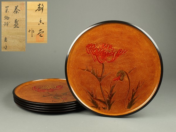 花彫刻 讃岐彫 丸盆 お盆 木製 盆 漆器 直径約32.5cm 木製円形