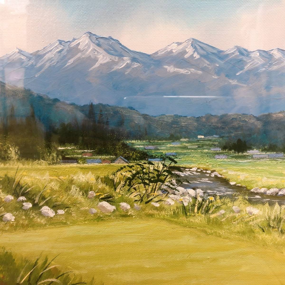 根本篤 「アルプスの望む里」 油絵 油彩 風景画 額装 絵画 1205ー1｜油彩