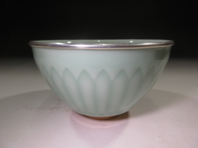 ☆板谷波山 青磁 茶碗（覆輪付き）☆共箱・共布・仕覆☆天目茶碗