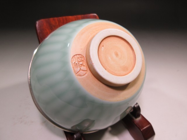 ☆板谷波山 青磁 茶碗（覆輪付き）☆共箱・共布・仕覆☆天目茶碗