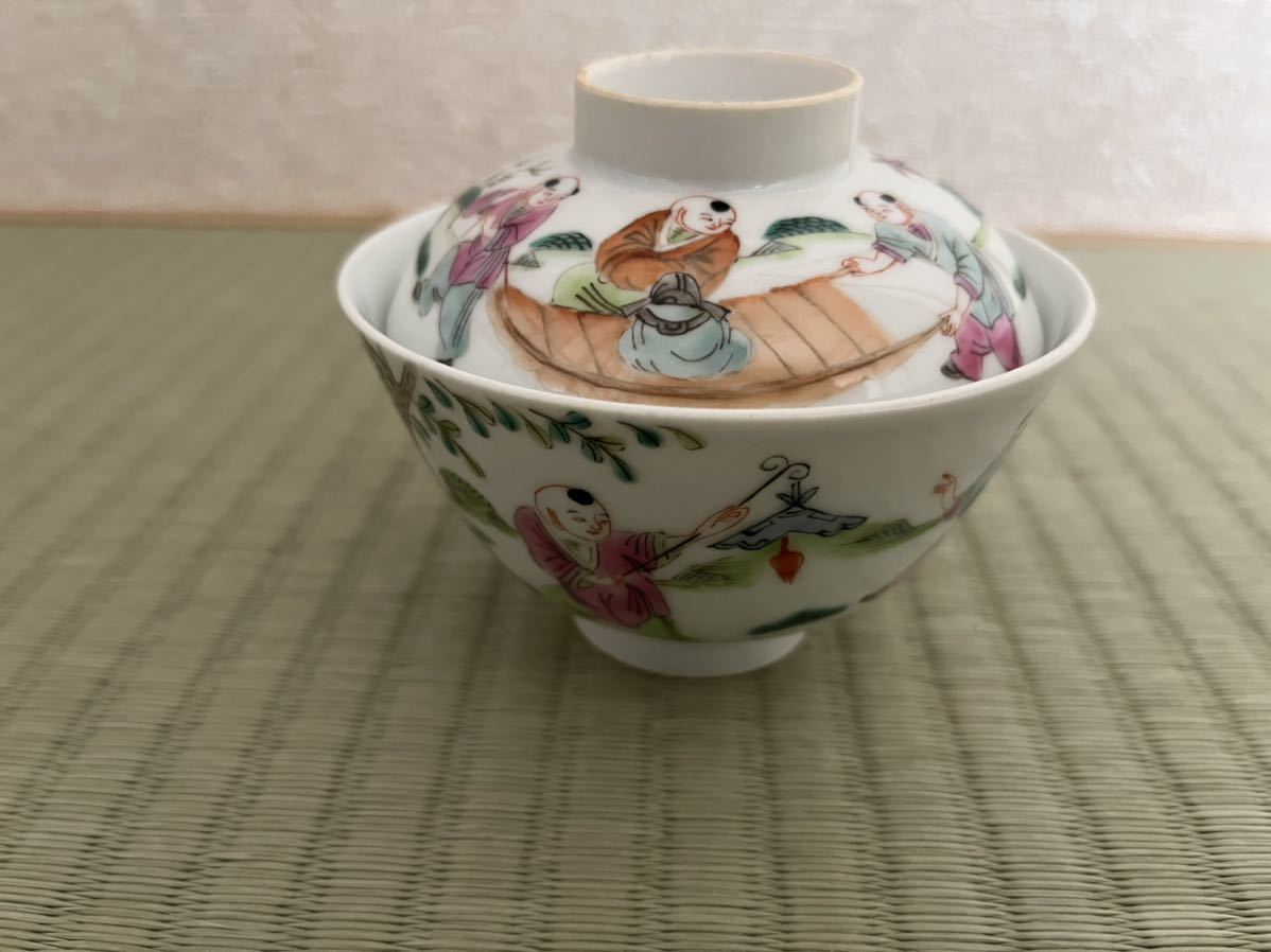 粉彩唐子図蓋茶碗・清時代 大清同治年製銘 置物 唐瓷 時代物 中国骨董