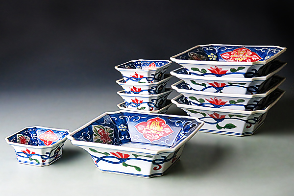 源右衛門木の葉文五枚揃い ☆真美☆k1454 館林源右衛門 色絵染錦花唐草文向付五客
