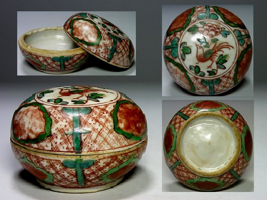 夢たま 茶道具のウブ品 唐物 明代 南京呉須赤絵花鳥文大香合 幅