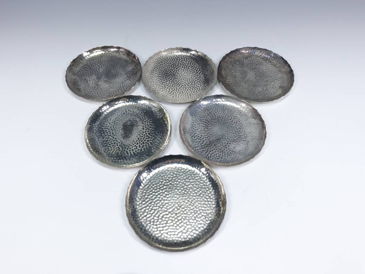 高山三松堂 銀製銘々皿六枚 総重量：337g 木箱入 ○ 銀製品 茶道具