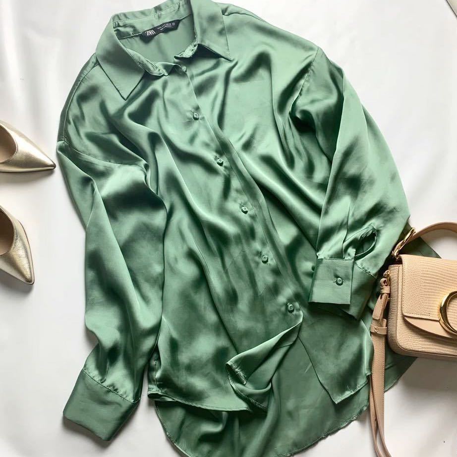 ZARA ザラ グリーン とろみ オーバーサイズ サテン シャツ サイズS 