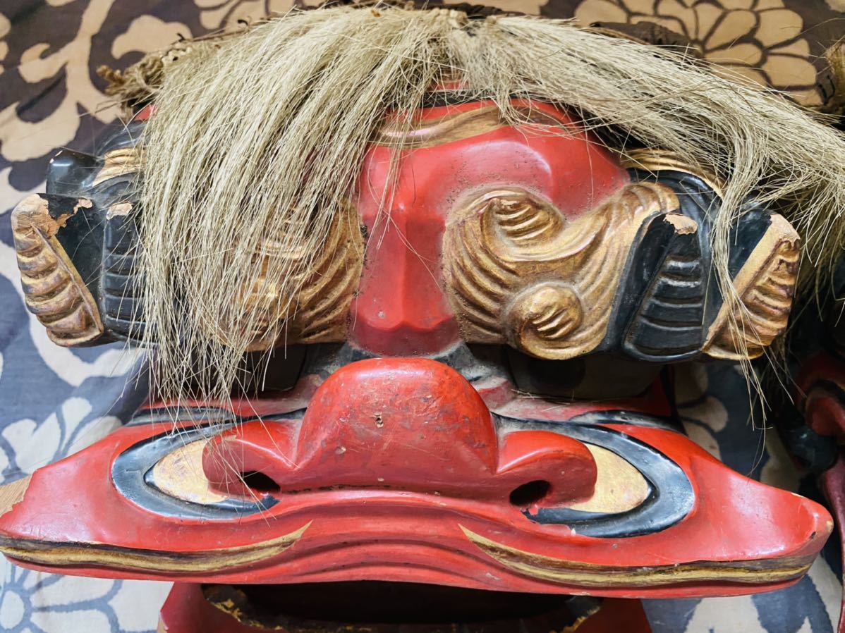 獅子頭 木彫 魔除け 神楽 一対 能面 獅子舞 舞 太神楽 縁起物 祭り