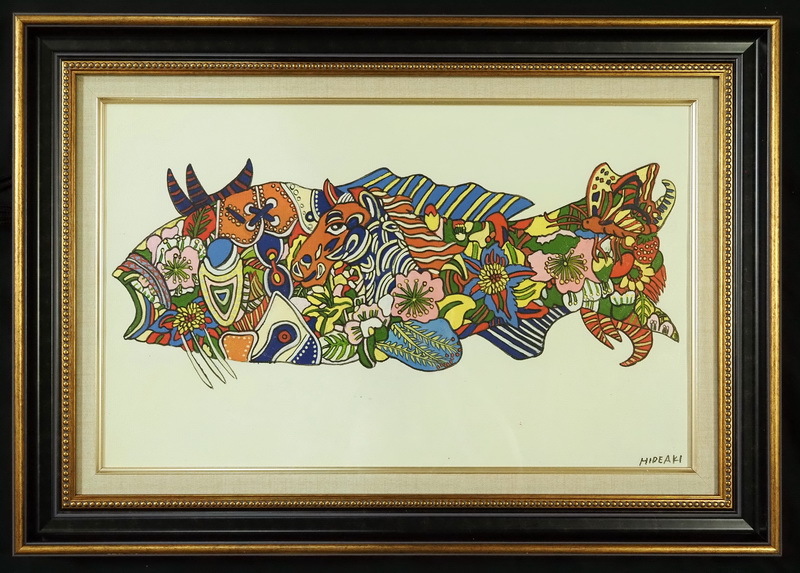 ☆ 抽象・動物像 魚 日本 春 額装有り M10号絵画 ジミー大西 中古