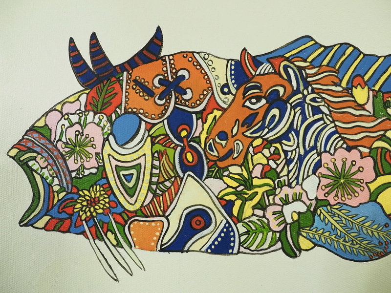 ☆ 抽象・動物像 魚 日本 春 額装有り M10号絵画 ジミー大西 中古