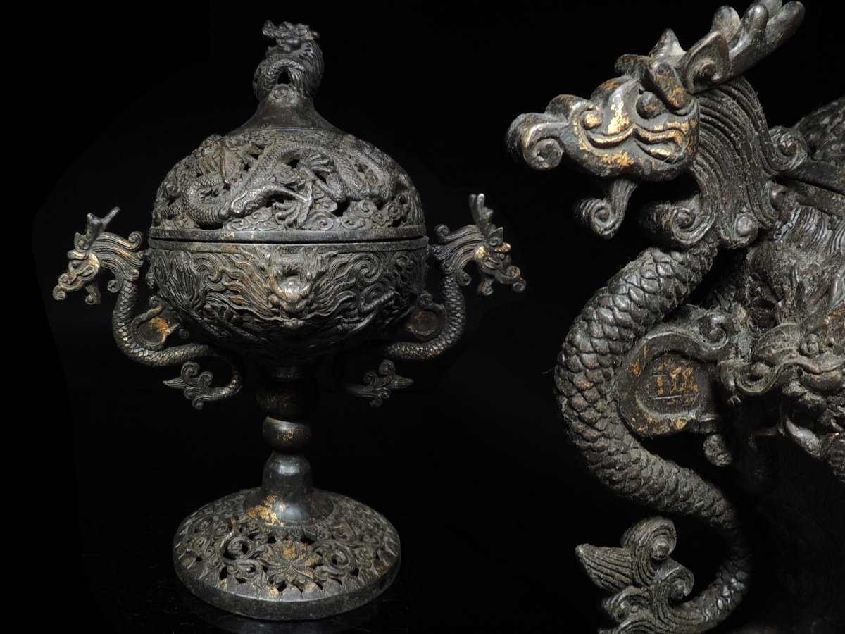 ◇中国古玩・古銅・鍍金・麒麟・龍双耳・園足香炉・獅子龍透かし蓋・唐