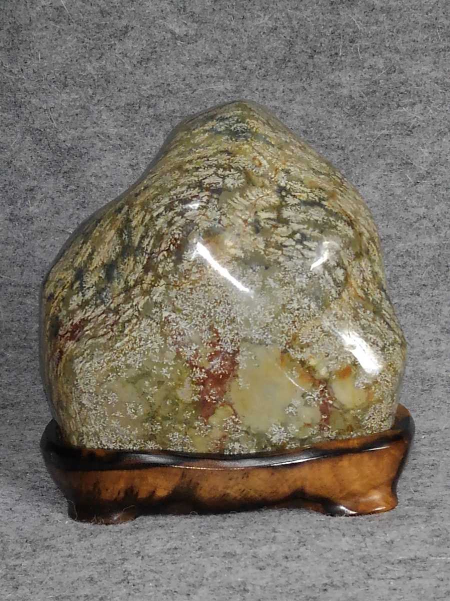 津軽岩崎花紋石 錦石 磨き石 宝石磨き 水石 鑑賞石 杢のきれいな花梨台座
