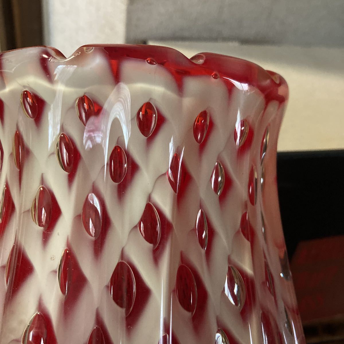 レトロ KURATA CRAFT GLASS フラワーベース ガラス花瓶 赤と白の素敵な