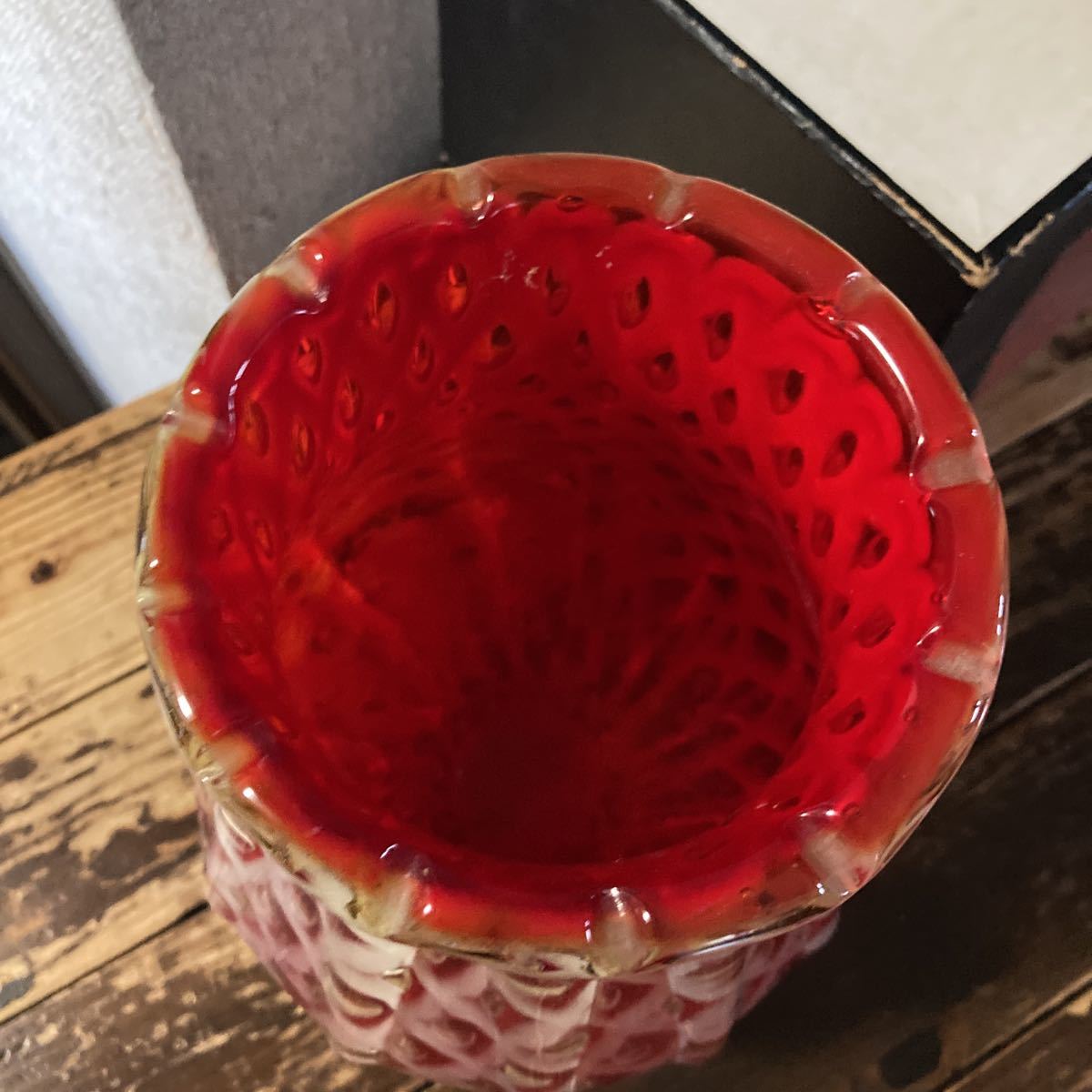 レトロ KURATA CRAFT GLASS フラワーベース ガラス花瓶 赤と白の素敵な