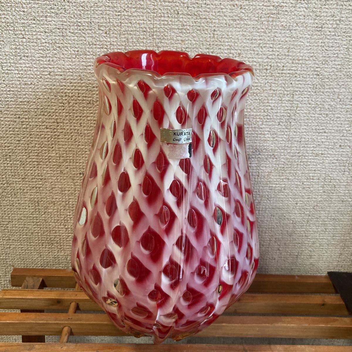 レトロ KURATA CRAFT GLASS フラワーベース ガラス花瓶 赤と白の素敵な
