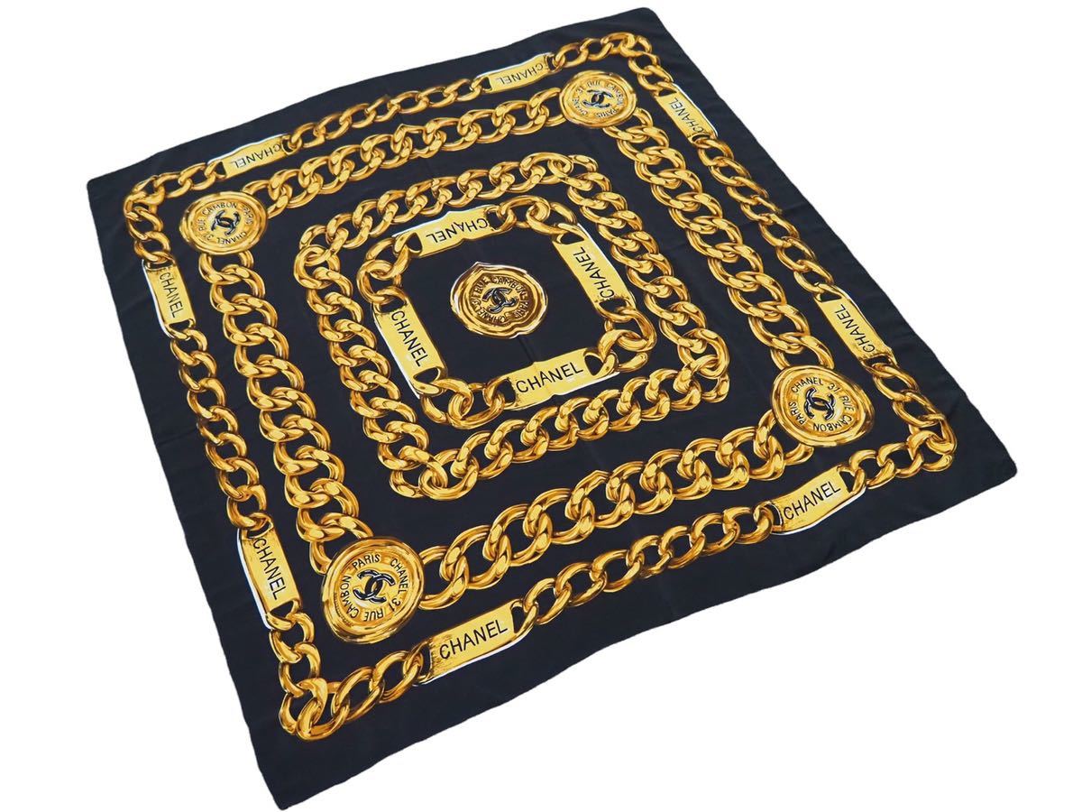 CHANEL シャネル シルク スカーフ チェーン ゴールド ブラック 