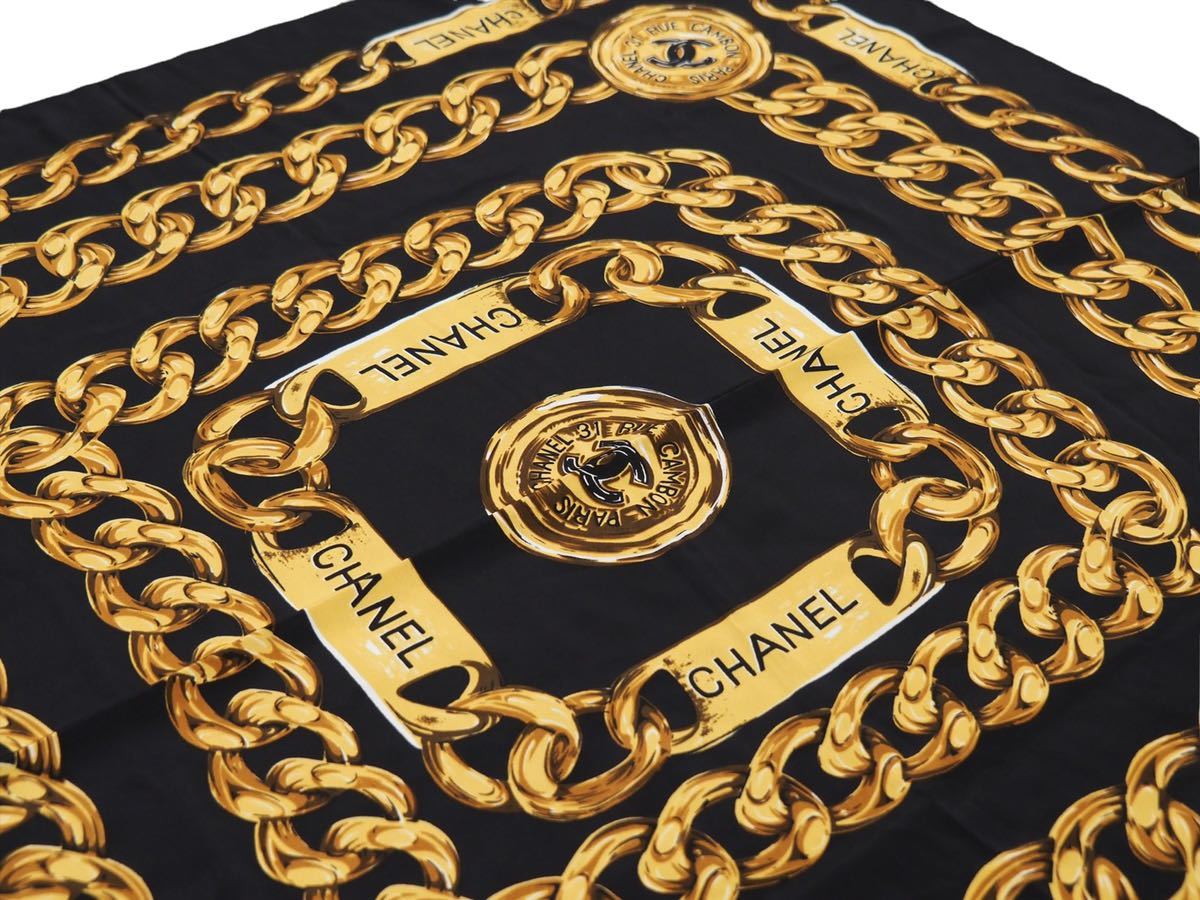 CHANEL シャネル シルク スカーフ チェーン ゴールド ブラック 