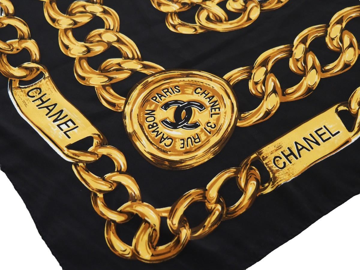 CHANEL シャネル シルク スカーフ チェーン ゴールド ブラック 