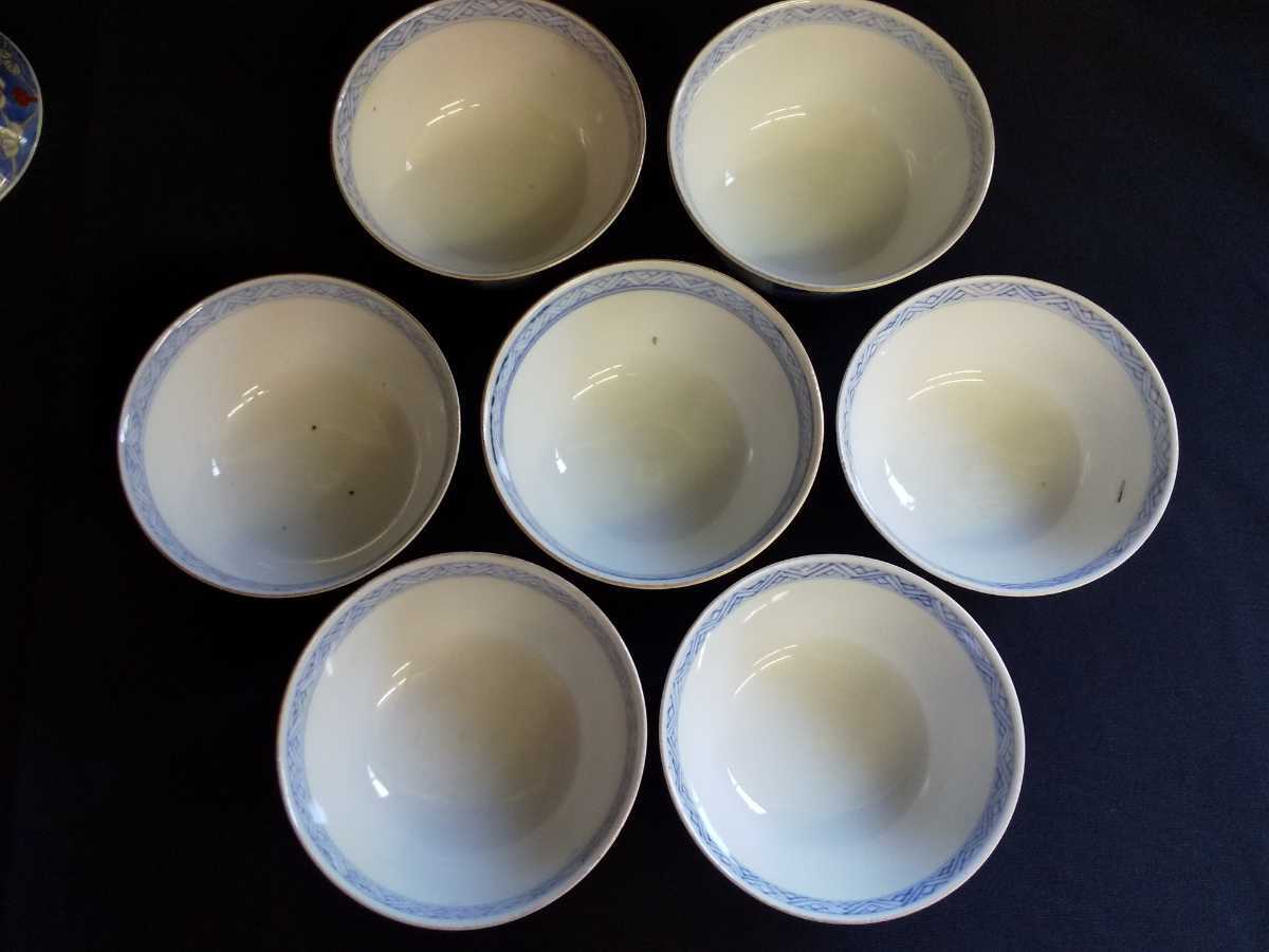 蓋茶碗 色絵 古伊万里 古い 直径約11cm(染付) 七客 壽福壽 染付 伊万里