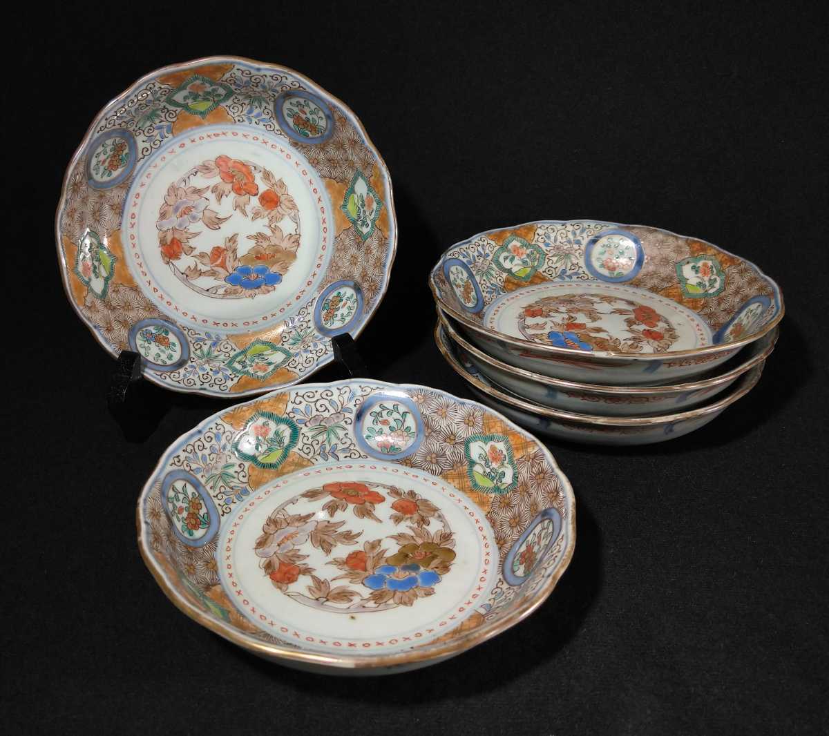 古伊万里 色絵 ○X文 花尽し 膾皿 5客揃 幕末〜明治初期 b-32/21下